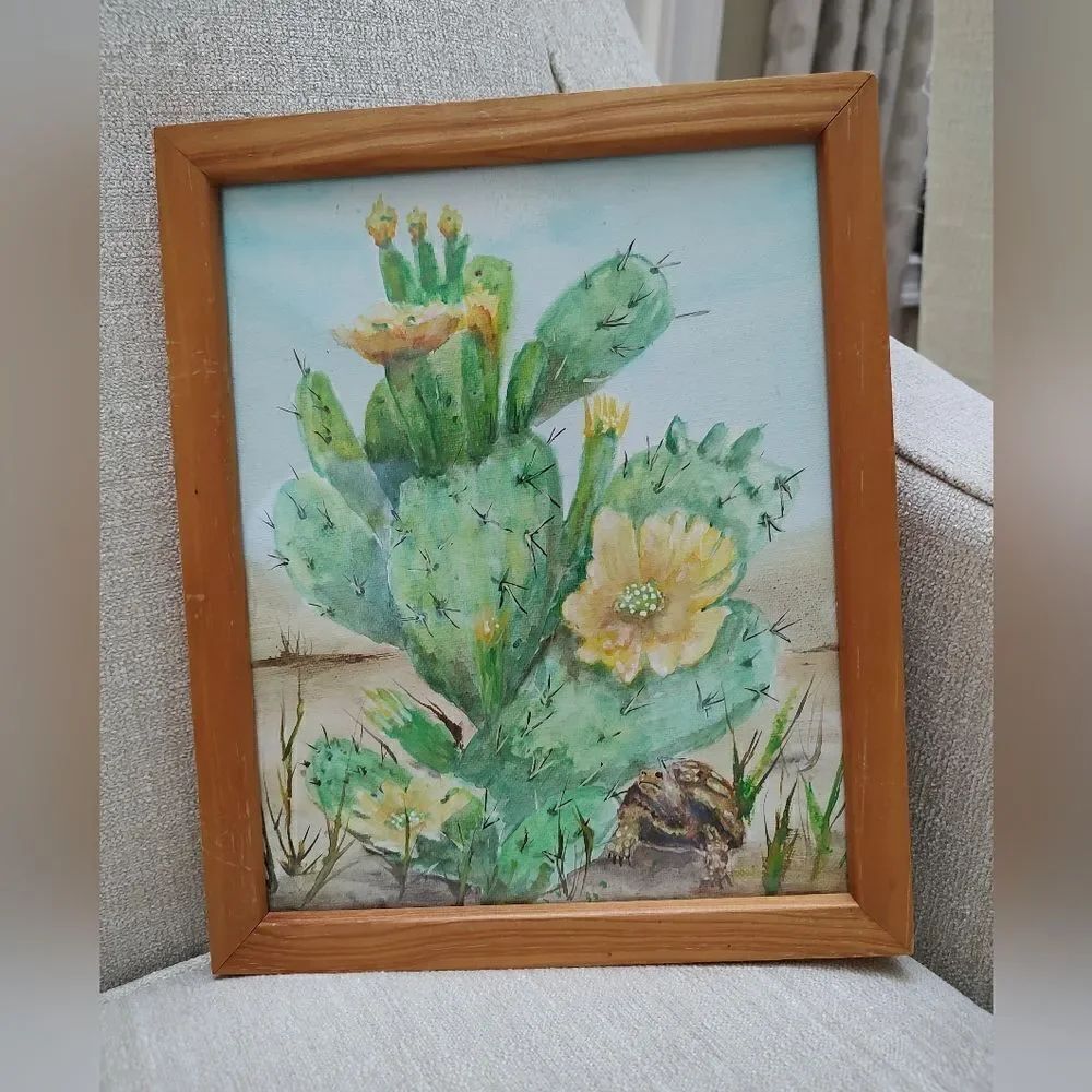 Flowering Cactus with Tortoise Vintage Framed Original Art Painting Signed